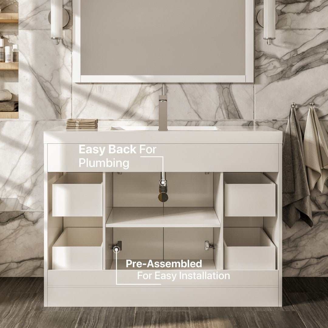 Lugano 42 in. White Single Sink Bath Vanity with Acrylic Top and Integrated Sink - Bathroom Vanity by Eviva