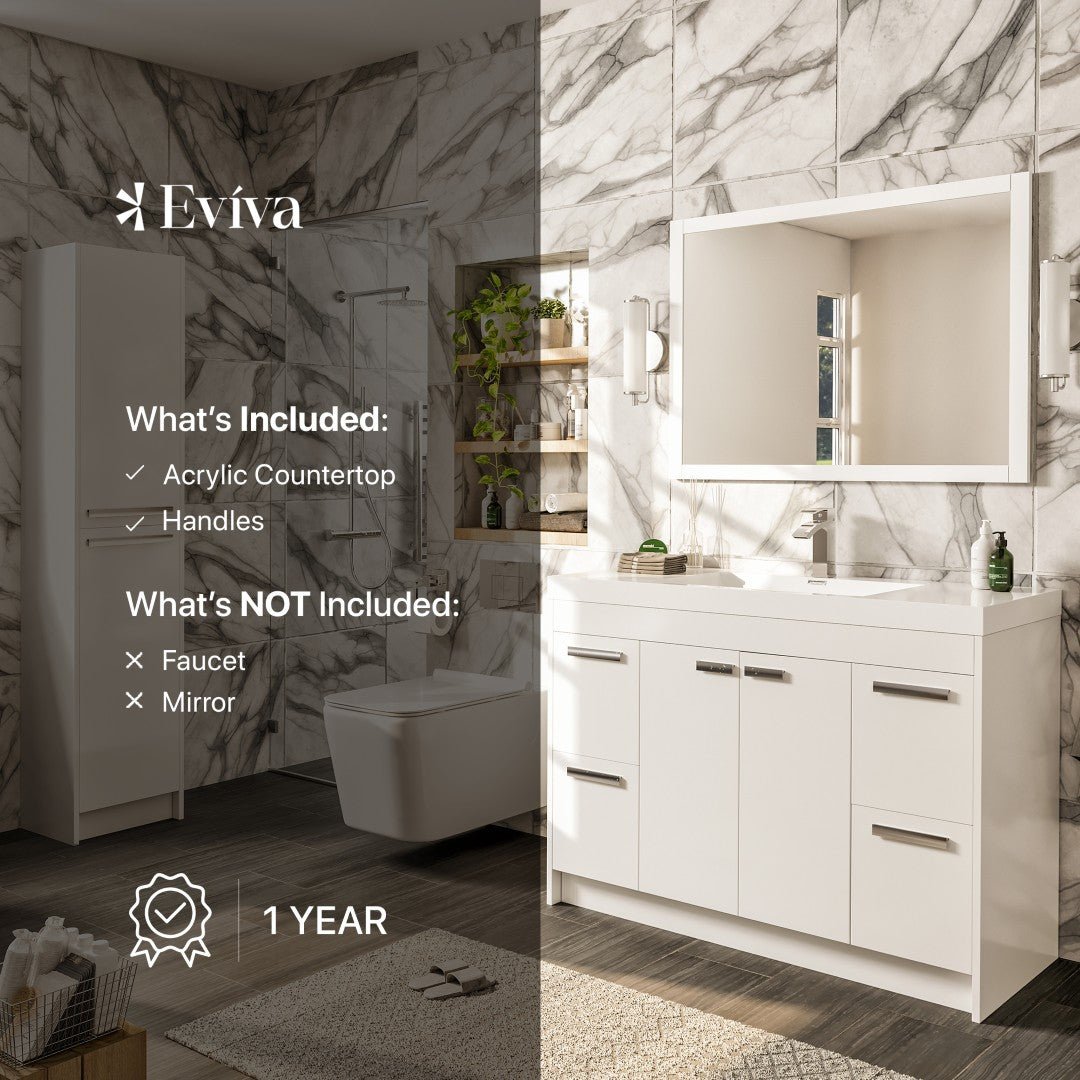 Lugano 42 in. White Single Sink Bath Vanity with Acrylic Top and Integrated Sink - Bathroom Vanity by Eviva