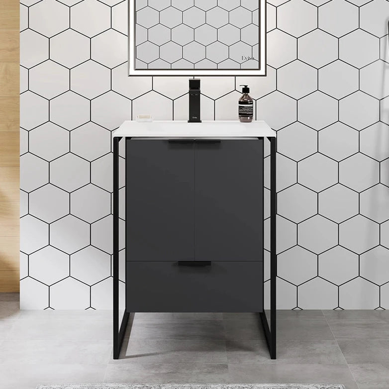 Modern wall mount single sink bath vanity with gray finish, integrated sink, and black metal frame, featuring two doors and a drawer.
