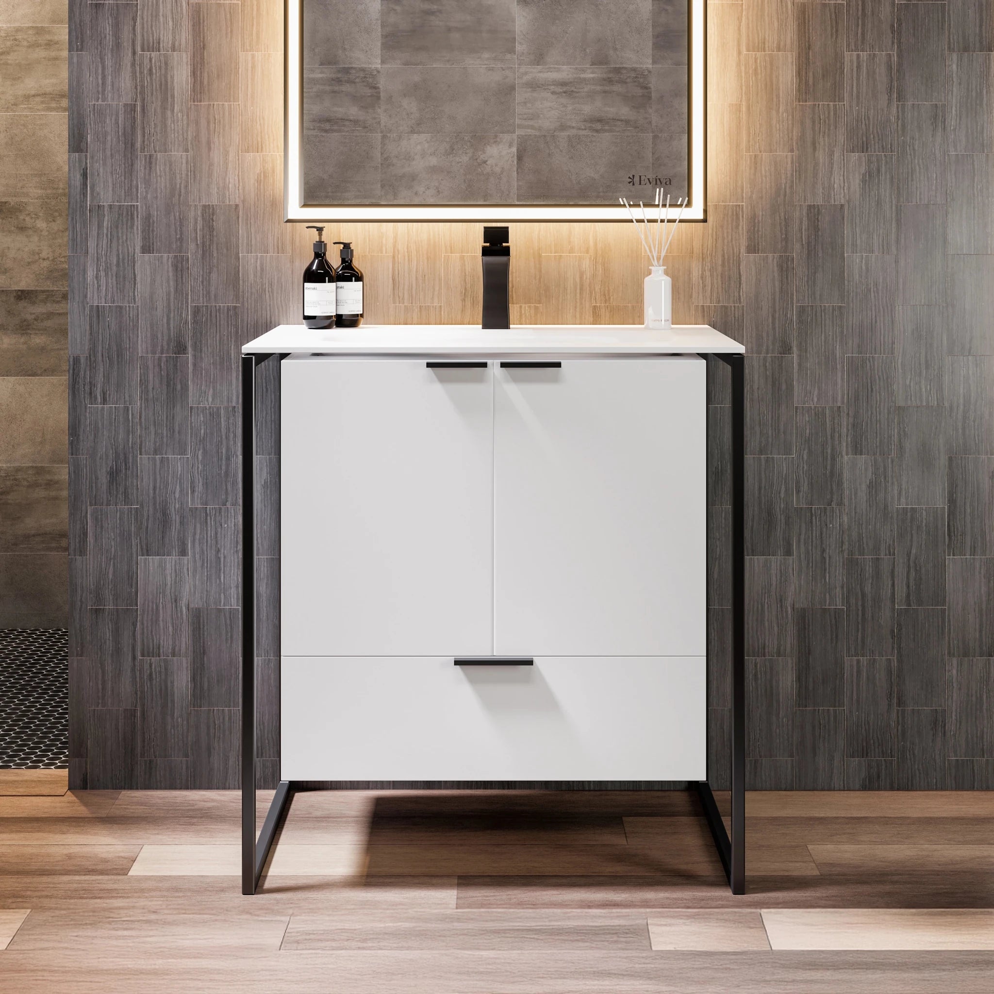 Onyx 26 in. White Wall Mount Single Sink Bath Vanity with Solid Surface Top and Integrated Sink - Bathroom Vanity by Eviva