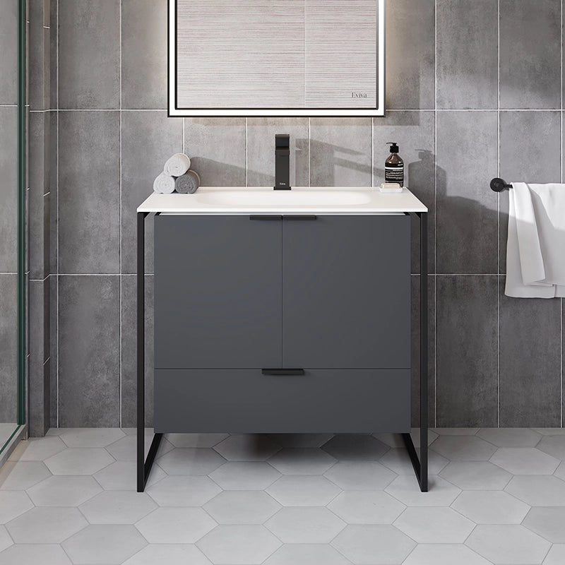 Onyx 34 in. Gray Wall Mount Single Sink Bath Vanity with Solid Surface Top and Integrated Sink