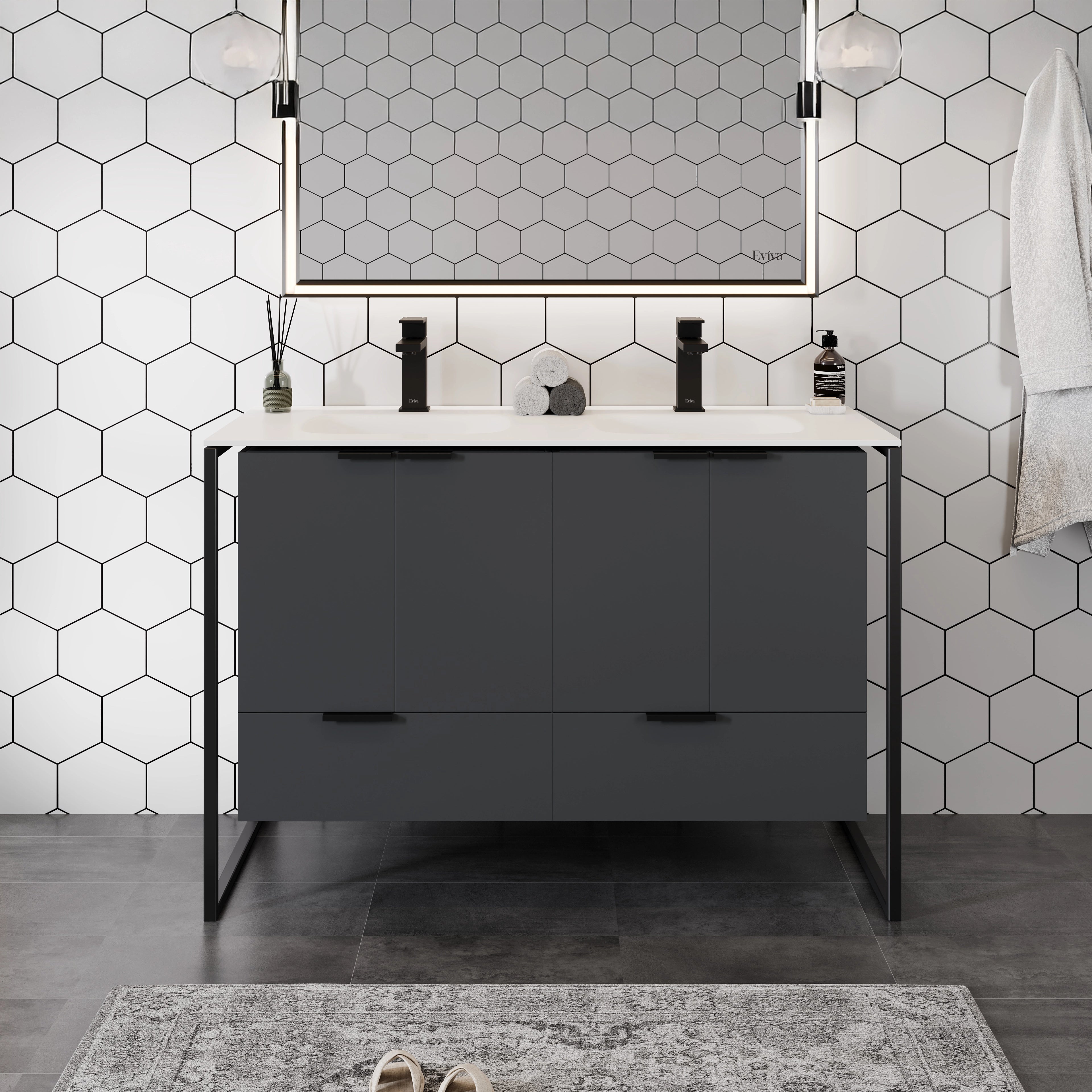 Onyx 48 in. Gray Wall Mount Double Sink Bath Vanity with Solid Surface Top and Integrated Sinks