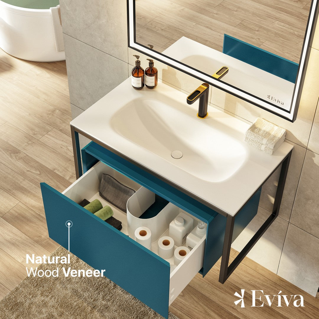 Modena 32 in. Blue Wall Mount Single Sink Bath Vanity with Solid Surface Top and Integrated Sink