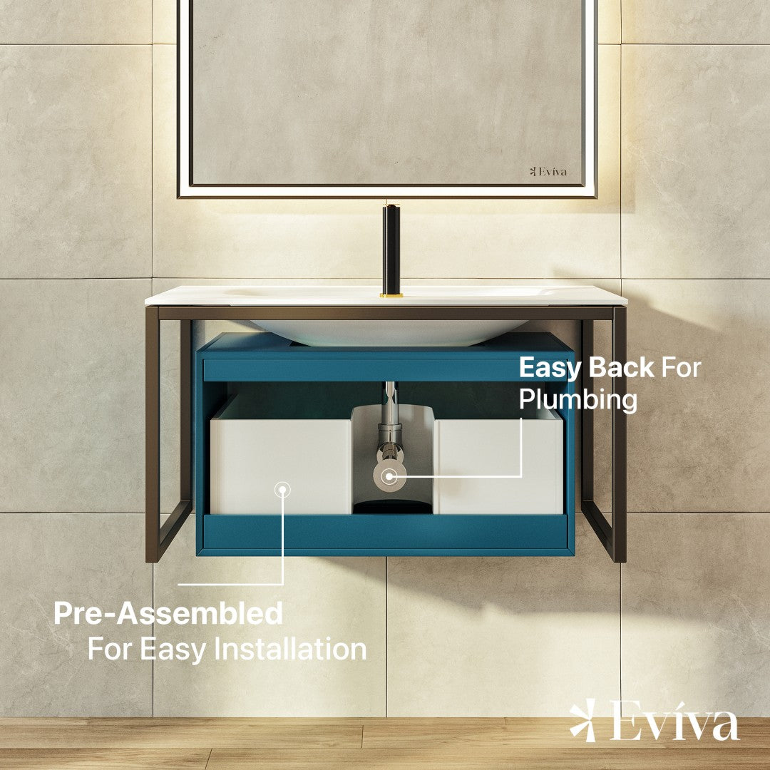 Modena 32 in. Blue Wall Mount Single Sink Bath Vanity with Solid Surface Top and Integrated Sink