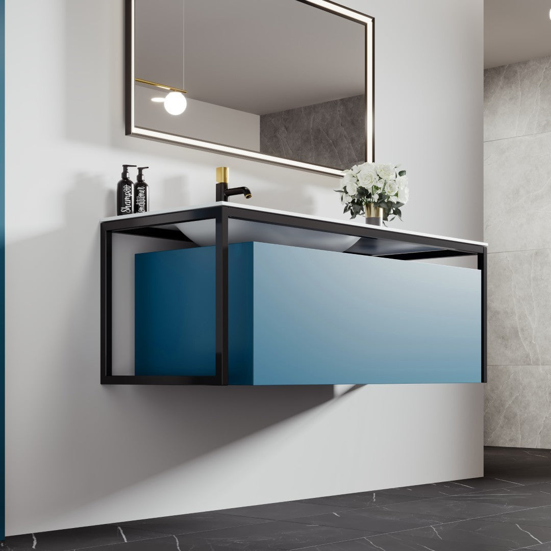 Modena 51 in. Blue Wall Mount Single Sink Bath Vanity with Solid Surface Top and Integrated Sink