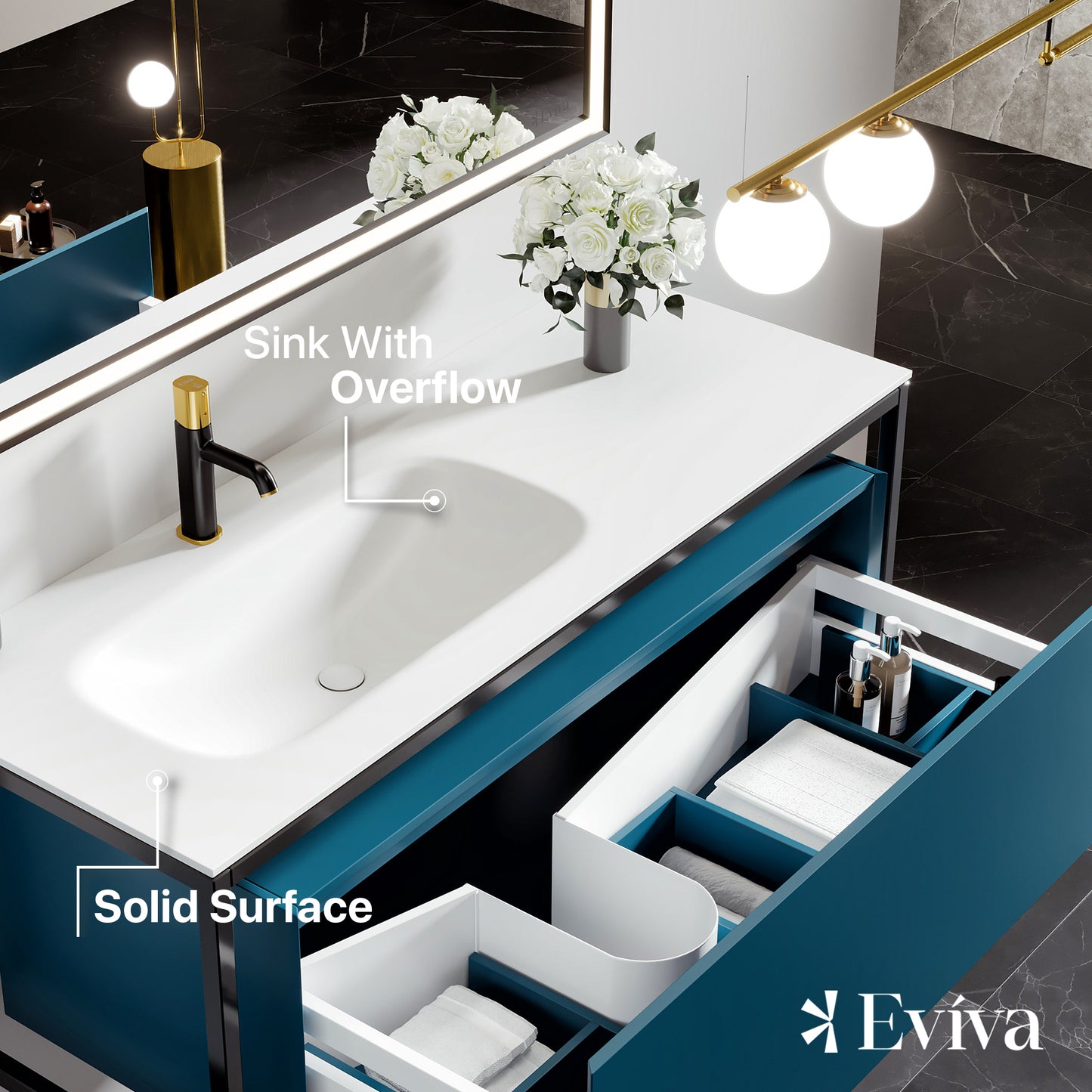 Modena 51"W x 18"D Blue Wall Mount Bathroom Vanity with Solid Surface Countertop and Integrated Sink