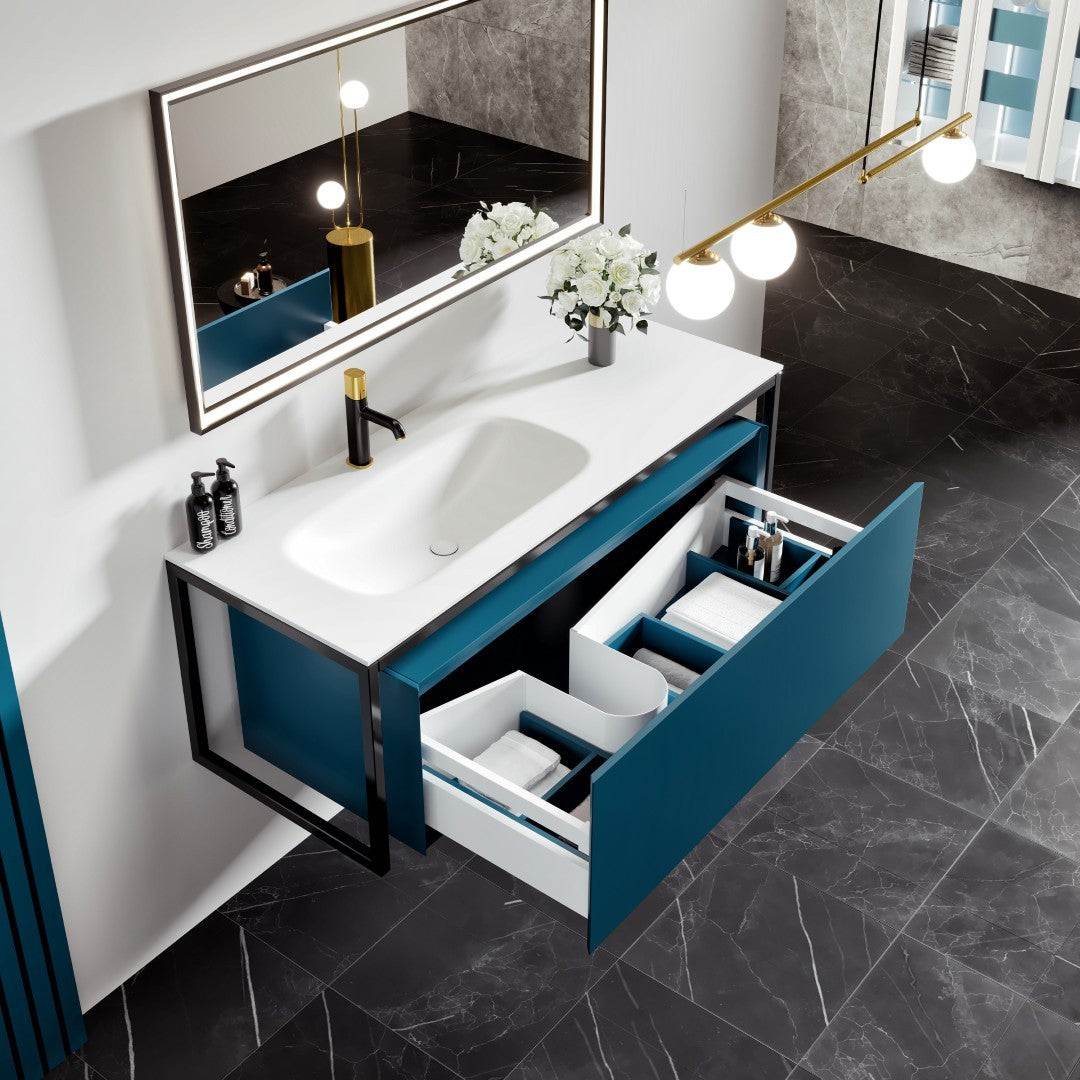 Modena 51 in. Blue Wall Mount Single Sink Bath Vanity with Solid Surface Top and Integrated Sink