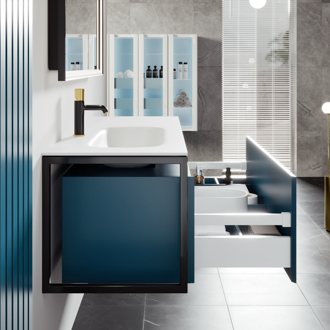 Modena 51 in. Blue Wall Mount Single Sink Bath Vanity with Solid Surface Top and Integrated Sink