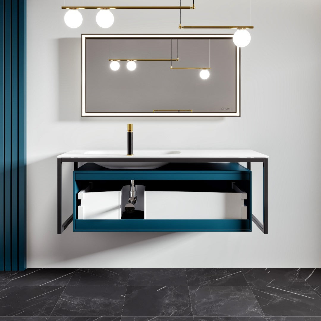 Modena 51 in. Blue Wall Mount Single Sink Bath Vanity with Solid Surface Top and Integrated Sink