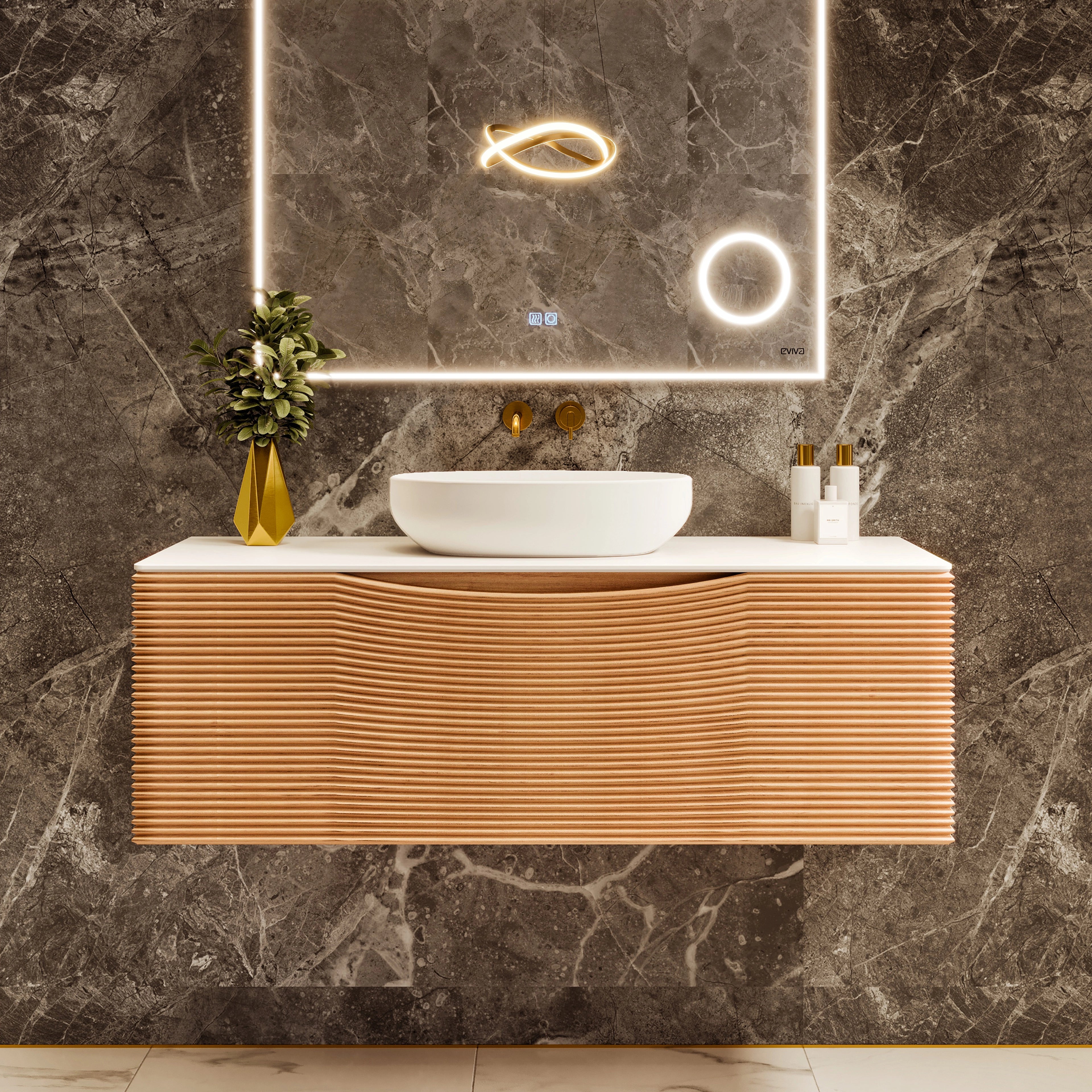 A wall-mounted single sink bath vanity with a medium oak wood finish and a solid surface top, featuring a vessel solid surface sink, placed against a marble wall with a reflective mirror above the vanity.
