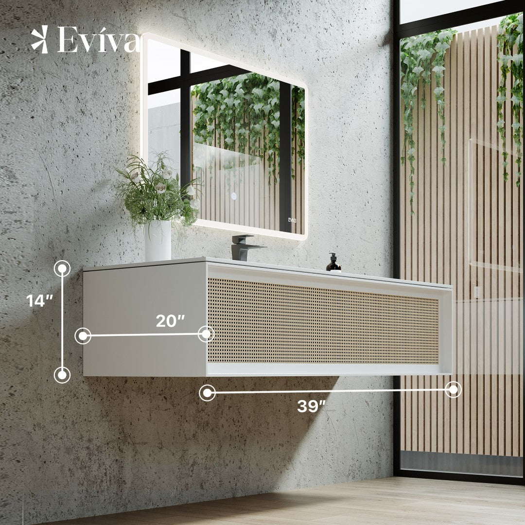 Nets 39 in. Natural Oak/White Wall Mount Single Sink Bath Vanity with Solid Surface Top and Integrated Sink