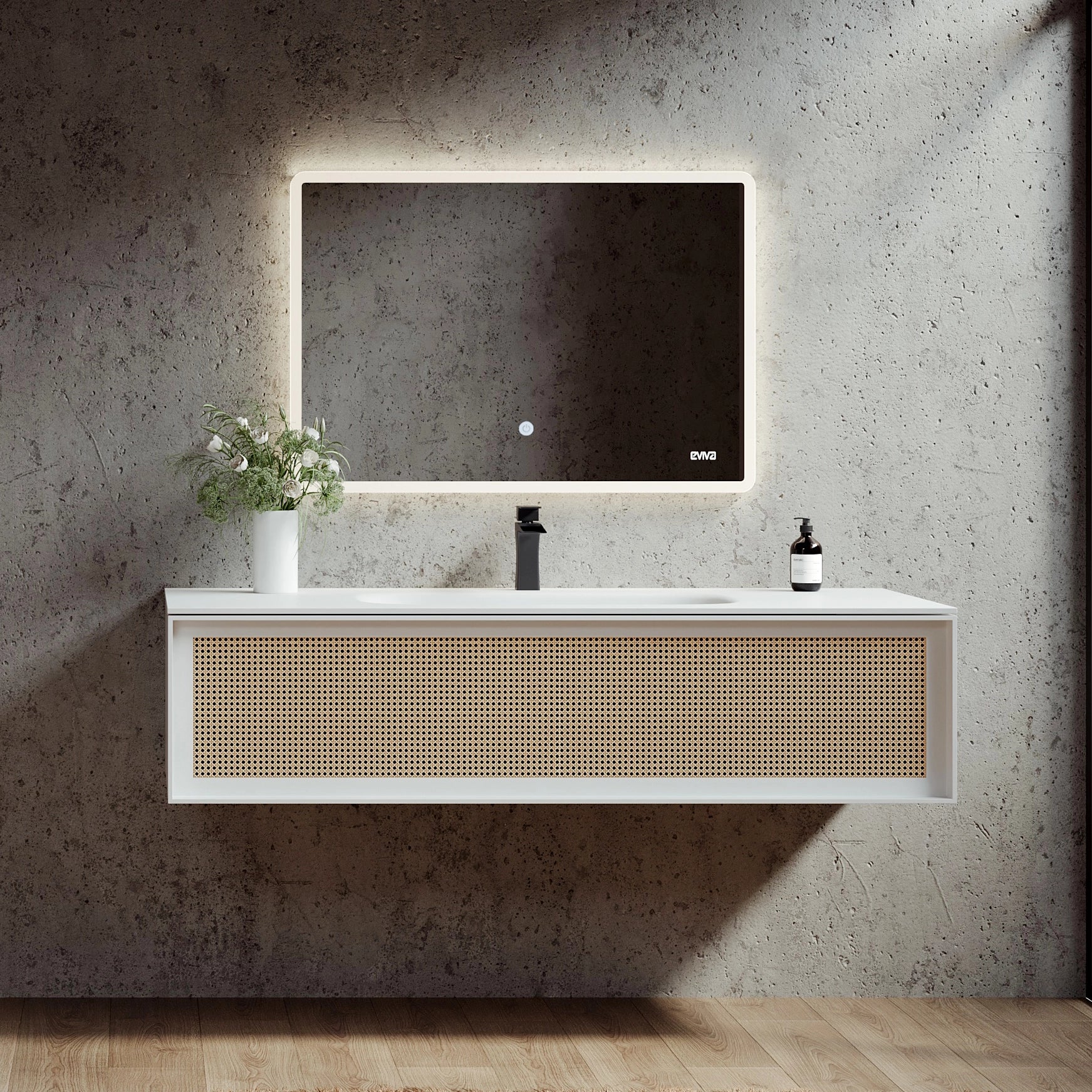 Nets 44 in. Natural Oak/White Wall Mount Single Sink Bath Vanity with Solid Surface Top and Integrated Sink