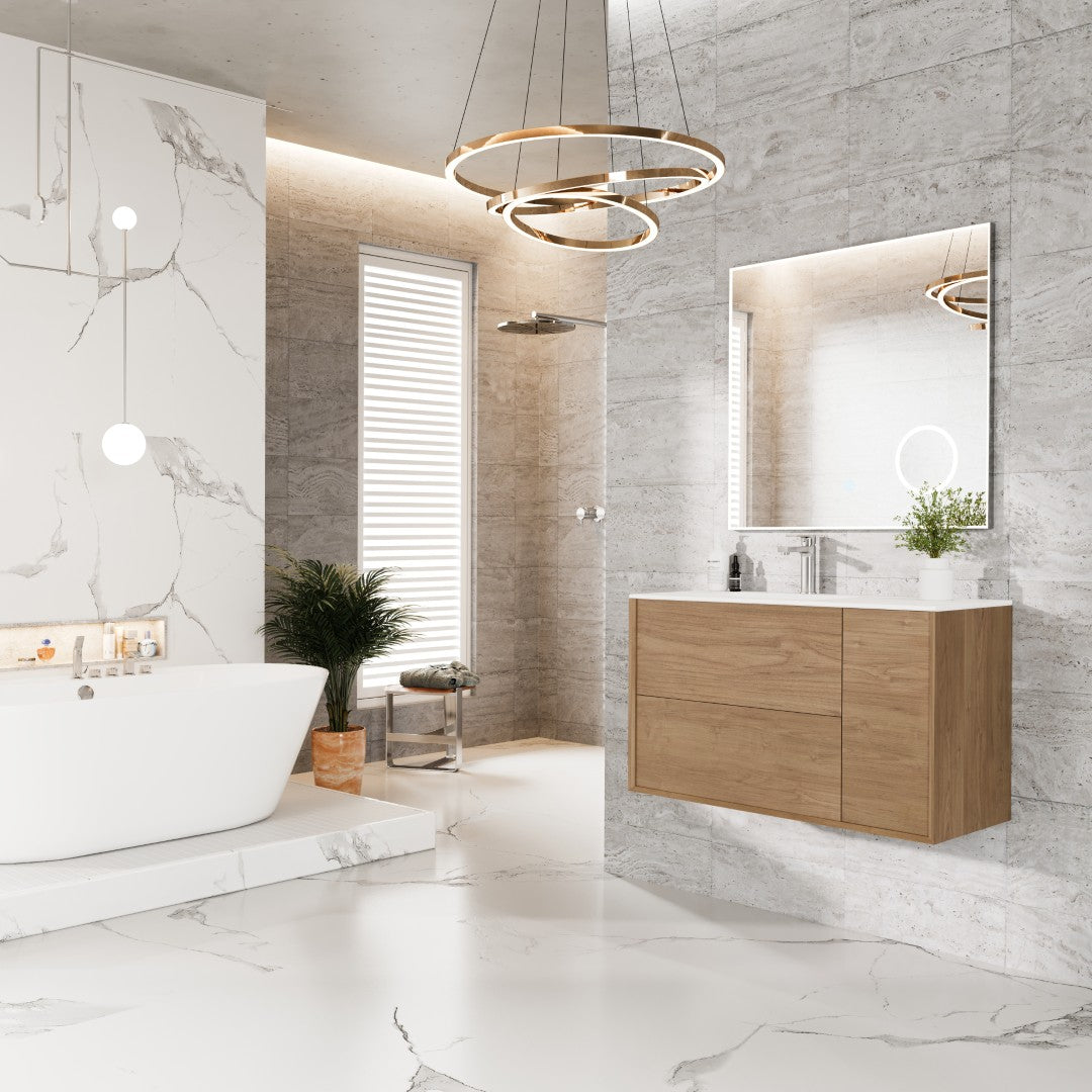 Prancer 36 in. Natural Oak Wall Mount Single Sink Bath Vanity with Solid Surface Top and Integrated Sink