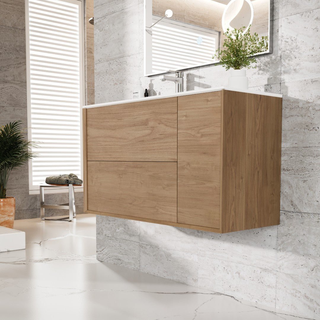Prancer 36 in. Natural Oak Wall Mount Single Sink Bath Vanity with Solid Surface Top and Integrated Sink - Bathroom Vanity by Eviva