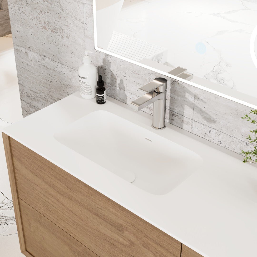 Prancer 36 in. Natural Oak Wall Mount Single Sink Bath Vanity with Solid Surface Top and Integrated Sink - Bathroom Vanity by Eviva