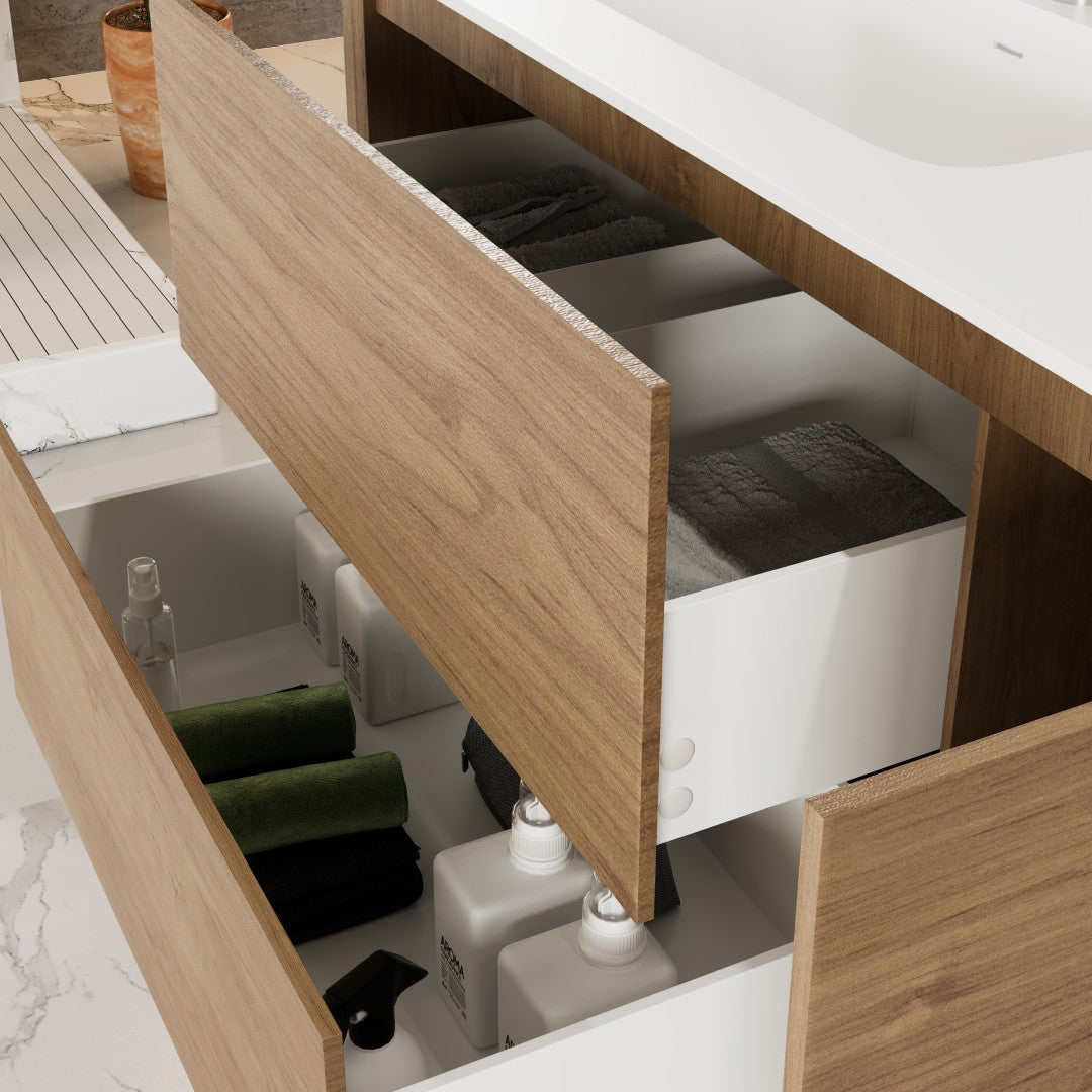 Prancer 36 in. Natural Oak Wall Mount Single Sink Bath Vanity with Solid Surface Top and Integrated Sink