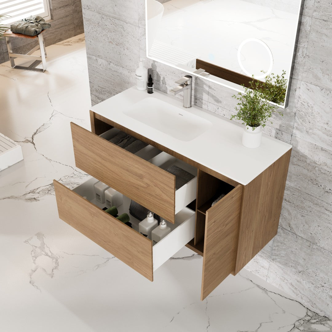 Prancer 36 in. Natural Oak Wall Mount Single Sink Bath Vanity with Solid Surface Top and Integrated Sink