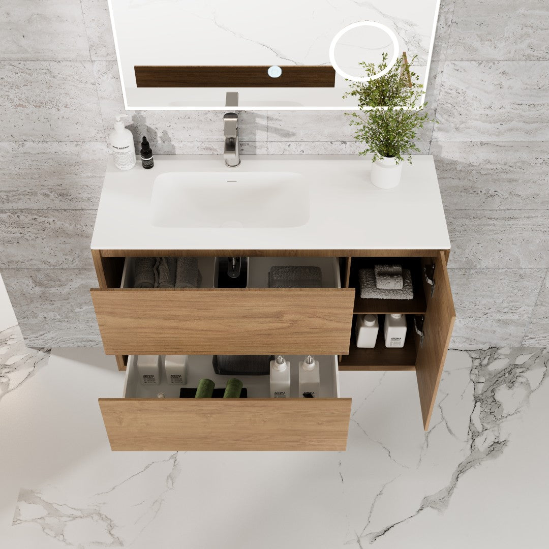 Prancer 36 in. Natural Oak Wall Mount Single Sink Bath Vanity with Solid Surface Top and Integrated Sink