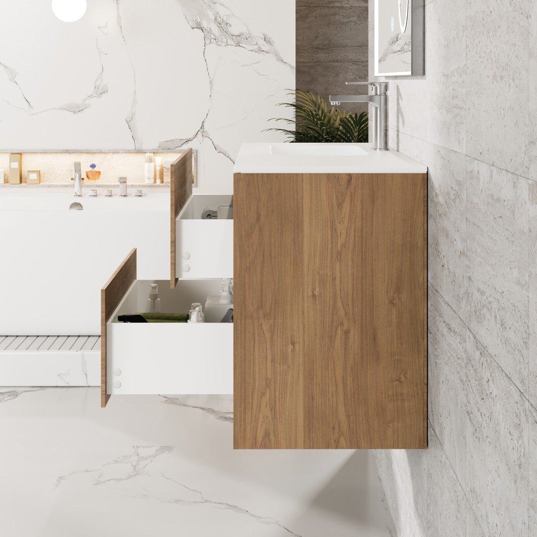 Prancer 36 in. Natural Oak Wall Mount Single Sink Bath Vanity with Solid Surface Top and Integrated Sink - Bathroom Vanity by Eviva