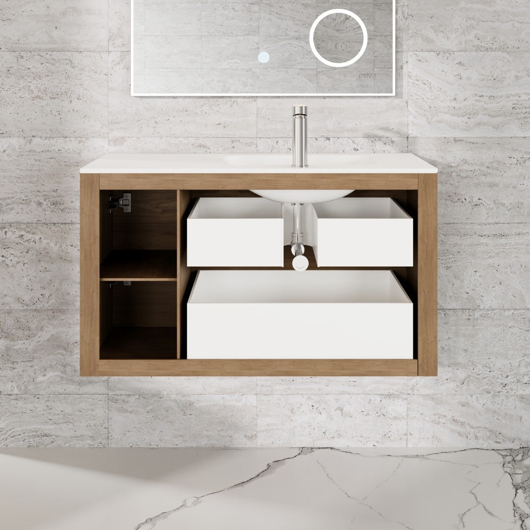 Prancer 36 in. Natural Oak Wall Mount Single Sink Bath Vanity with Solid Surface Top and Integrated Sink