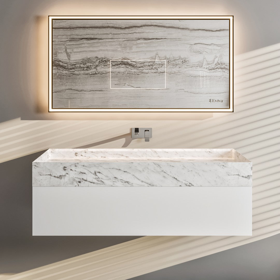 Fritti 48 in. White Wall Mount Single Sink Bath Vanity with Carrara Marble Top and Integrated Sink