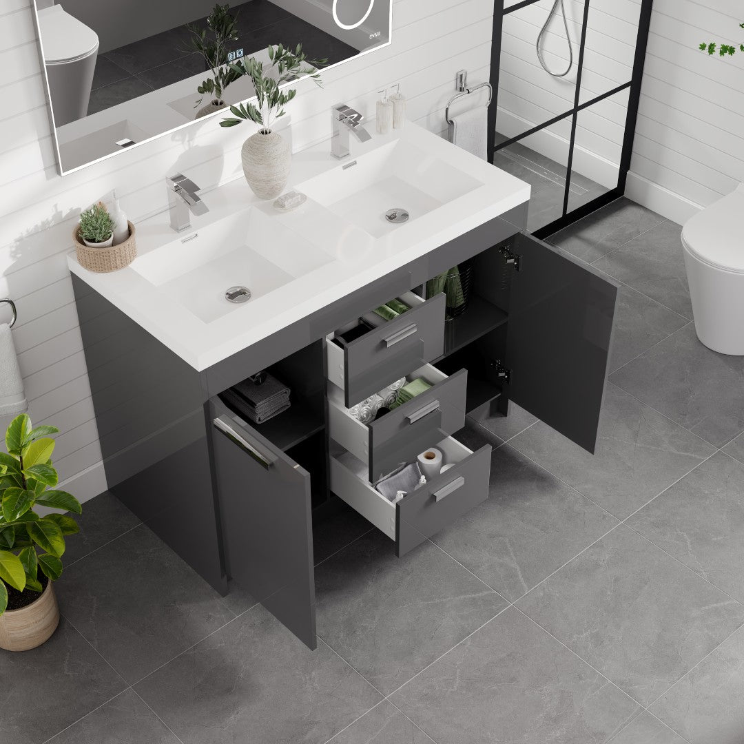 Lugano 48 in. Gray Double Sink Bath Vanity with Acrylic Top and Integrated Sinks