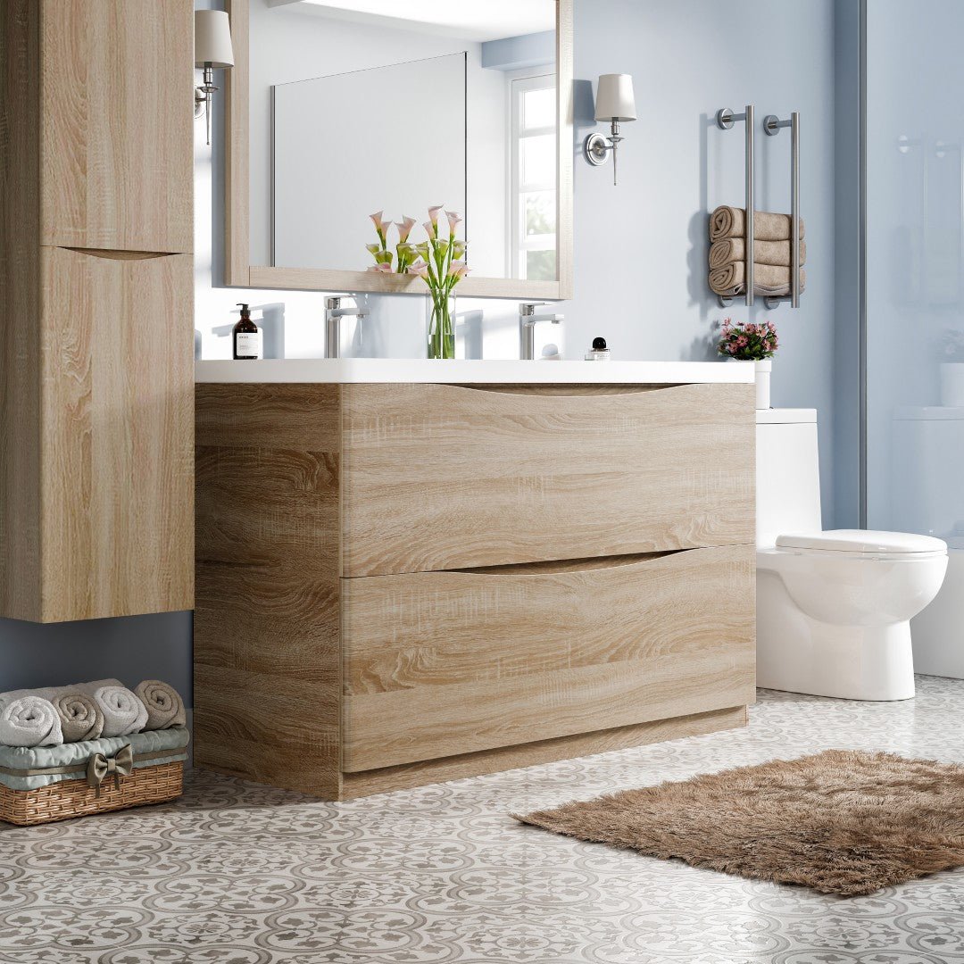 Smile 48 in. White Oak Double Sink Bath Freestanding Vanity with Acrylic Top and Integrated Sinks - Bathroom Vanity by Eviva