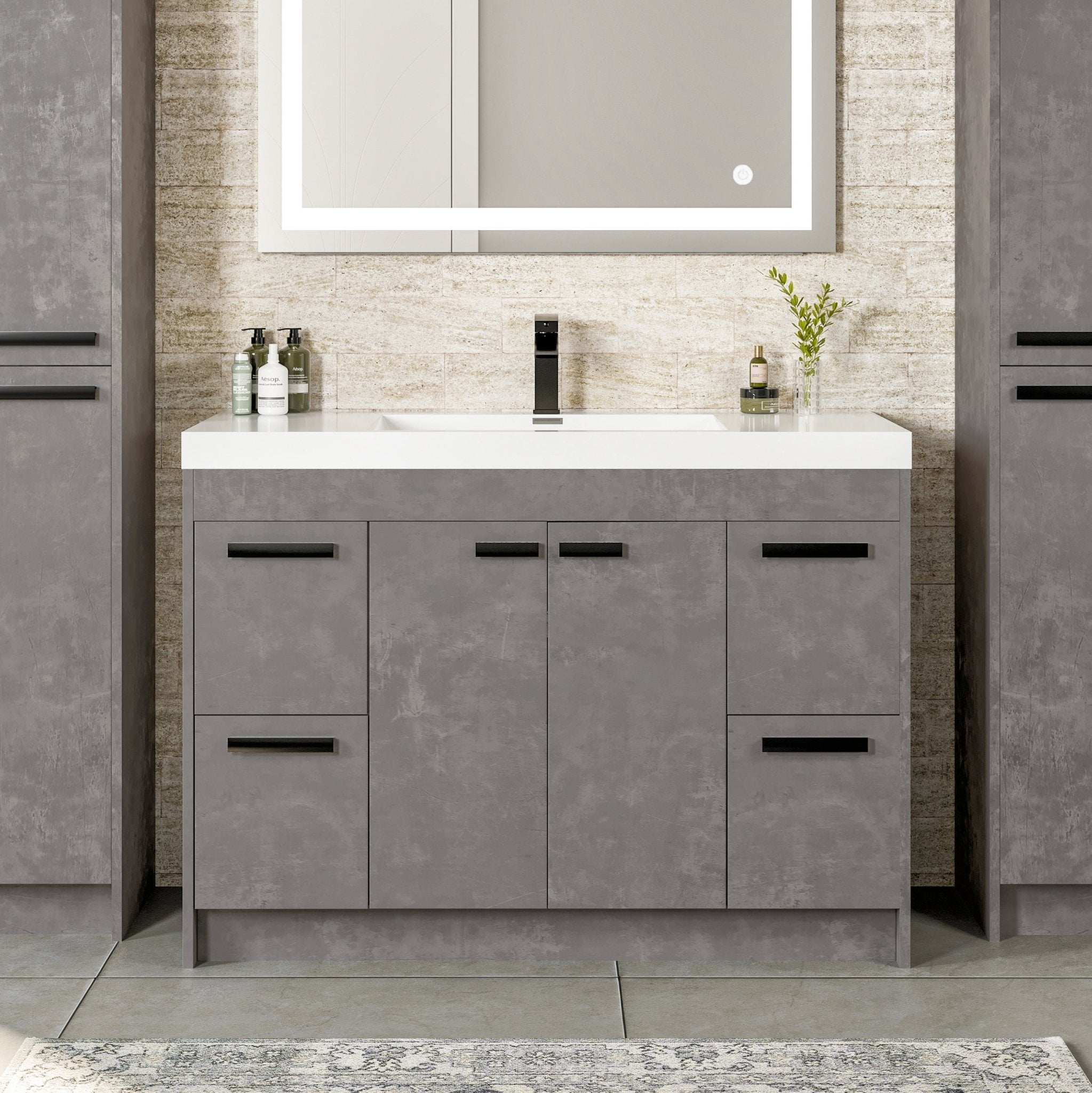 Lugano 48 in. Concrete Gray Single Sink Bath Vanity with Acrylic Top and Integrated Sink - Bathroom Vanity by Eviva