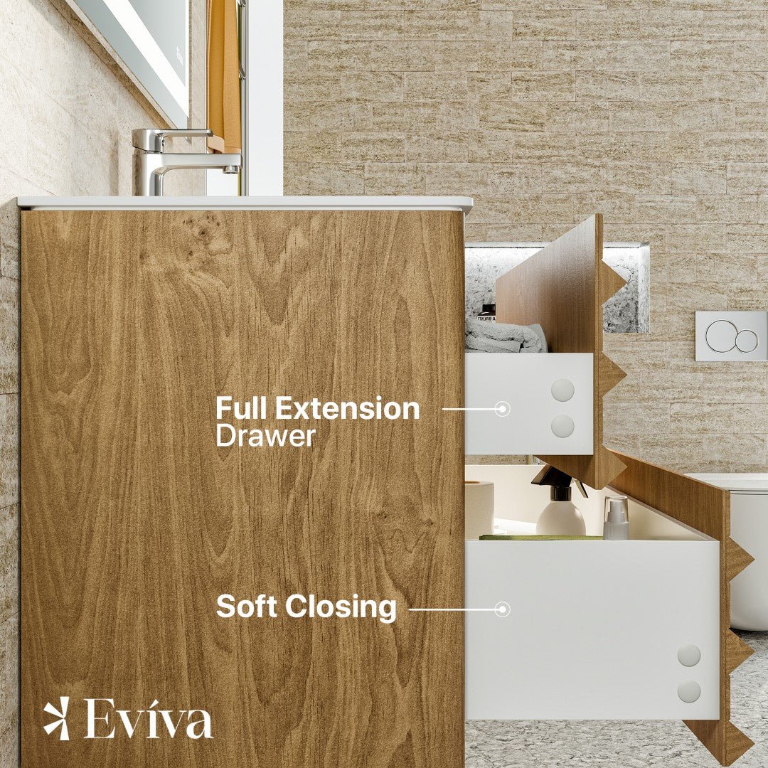 Oahu 44 in. Oak Wall Mount Single Sink Bath Vanity with Solid Surface Top and Integrated Sink - Bathroom Vanity by Eviva