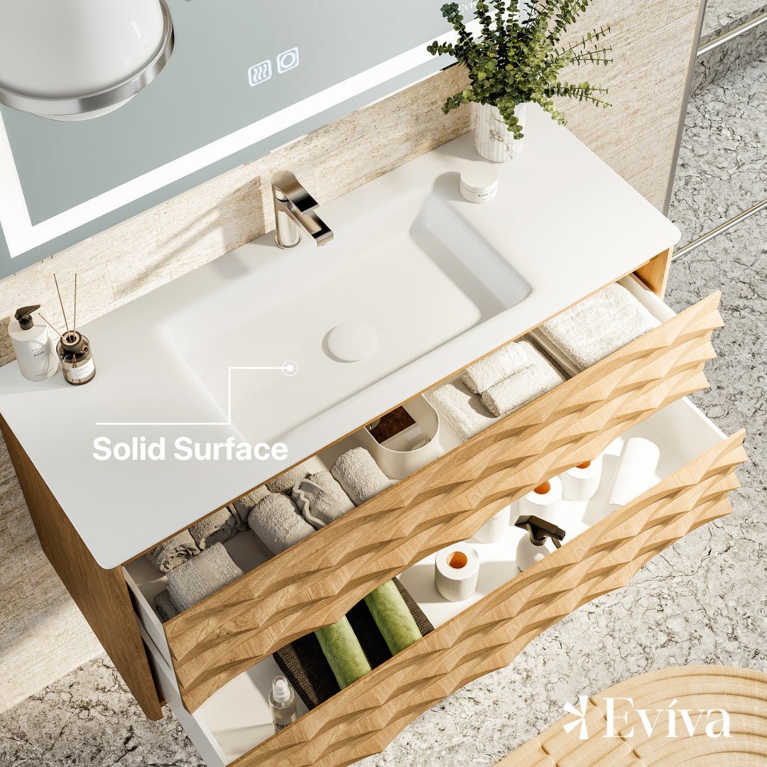 Oahu 44 in. Oak Wall Mount Single Sink Bath Vanity with Solid Surface Top and Integrated Sink - Bathroom Vanity by Eviva
