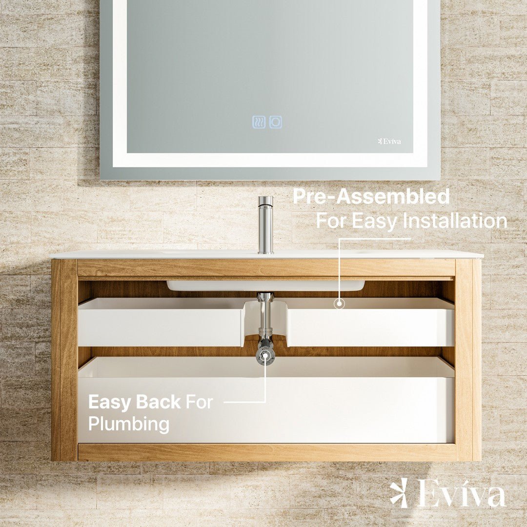 Oahu 44 in. Oak Wall Mount Single Sink Bath Vanity with Solid Surface Top and Integrated Sink - Bathroom Vanity by Eviva