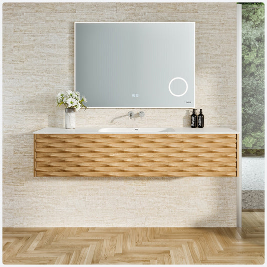 Oahu 55"W x 20"D Oak Wall Mount Bathroom Vanity with Solid Surface Countertop and Integrated Sink