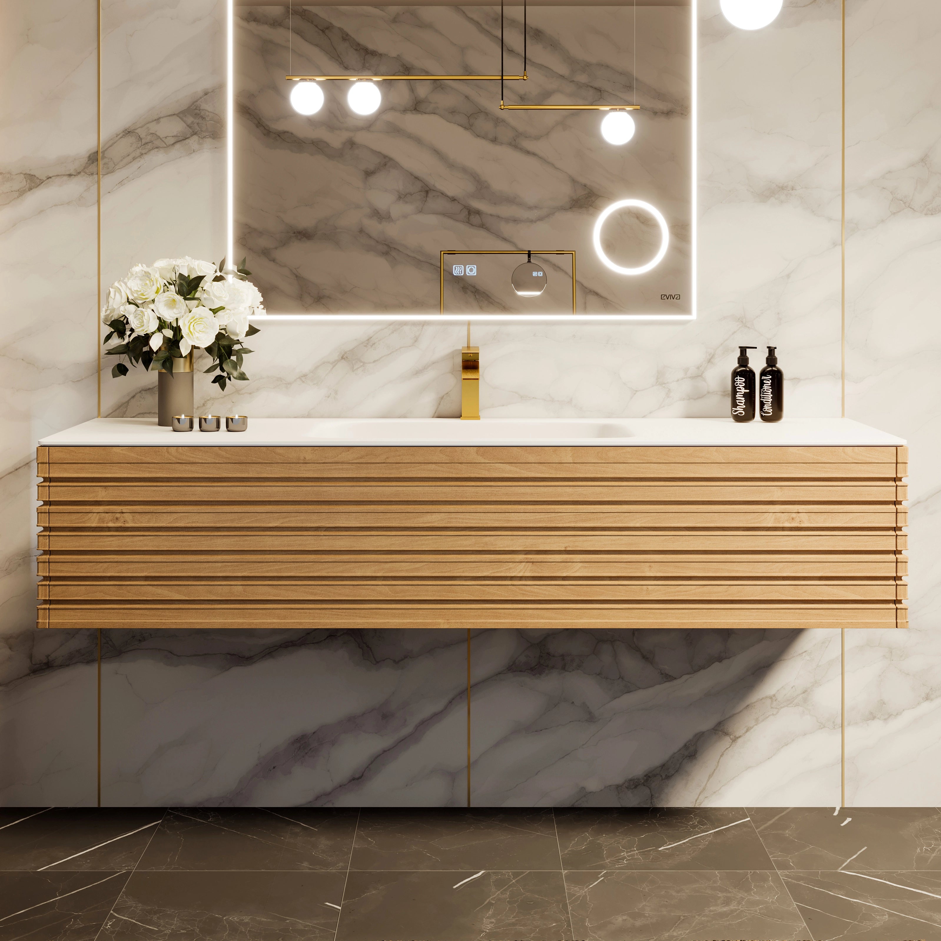 A wall-mounted oak bathroom vanity with a white solid surface countertop and integrated sink, featuring a light oak wood finish and a single drawer.