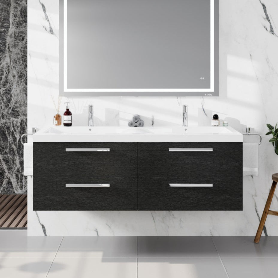 Wall mount double sink bath vanity with blackwood finish and an acrylic top, featuring integrated sinks and a mirror above. The vanity is mounted on a wall with marble tiles.