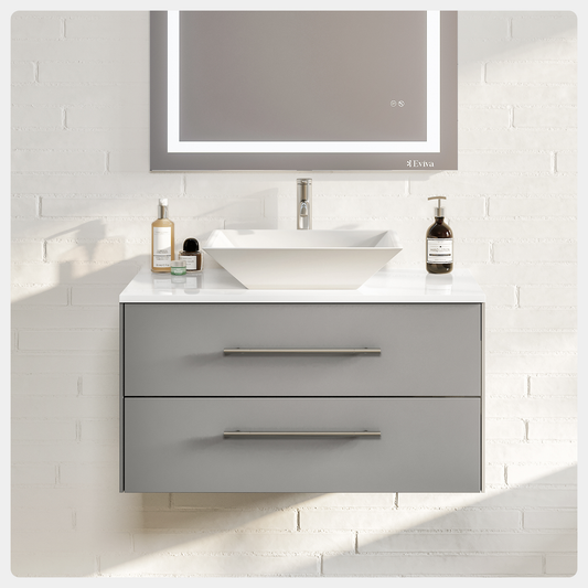 Wave 30"W x 22"D Gray Wall Mount Bathroom Vanity with White Quartz Countertop and Vessel Porcelain Sink