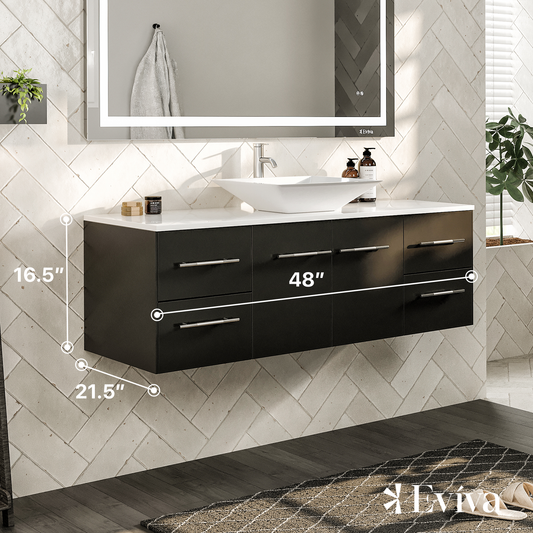 Wave 48"W x 22"D Espresso Wall Mount Bathroom Vanity with White Quartz Countertop and Vessel Porcelain Sink