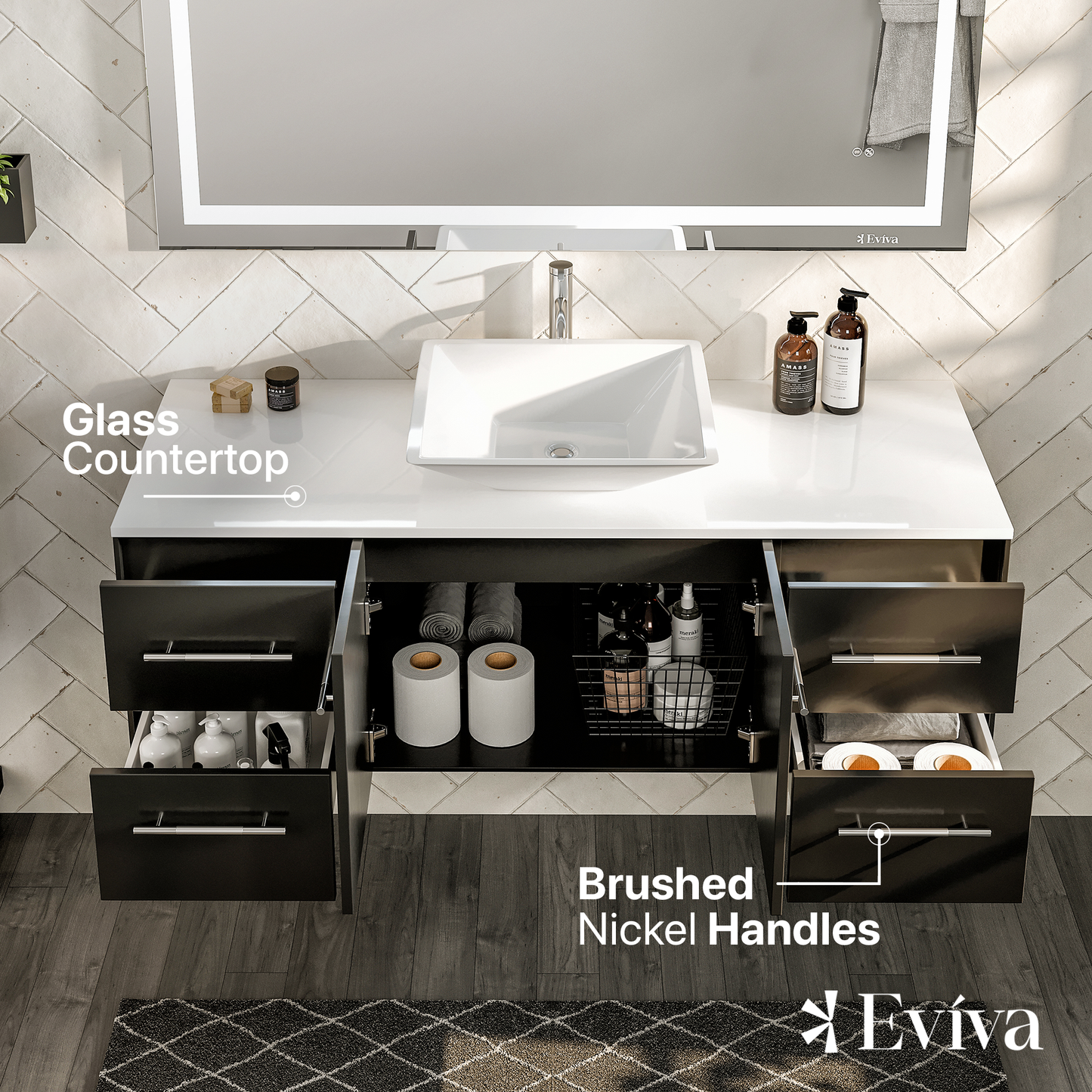 Wave 48"W x 22"D Espresso Bathroom Vanity with White Quartz Countertop and Vessel Porcelain Sink
