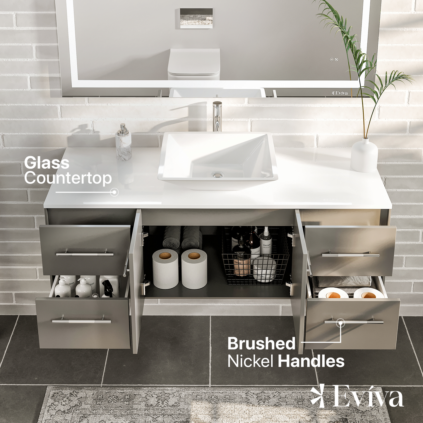 Wave 48"W x 22"D Gray Wall Mount Bathroom Vanity with White Quartz Countertop and Vessel Porcelain Sink