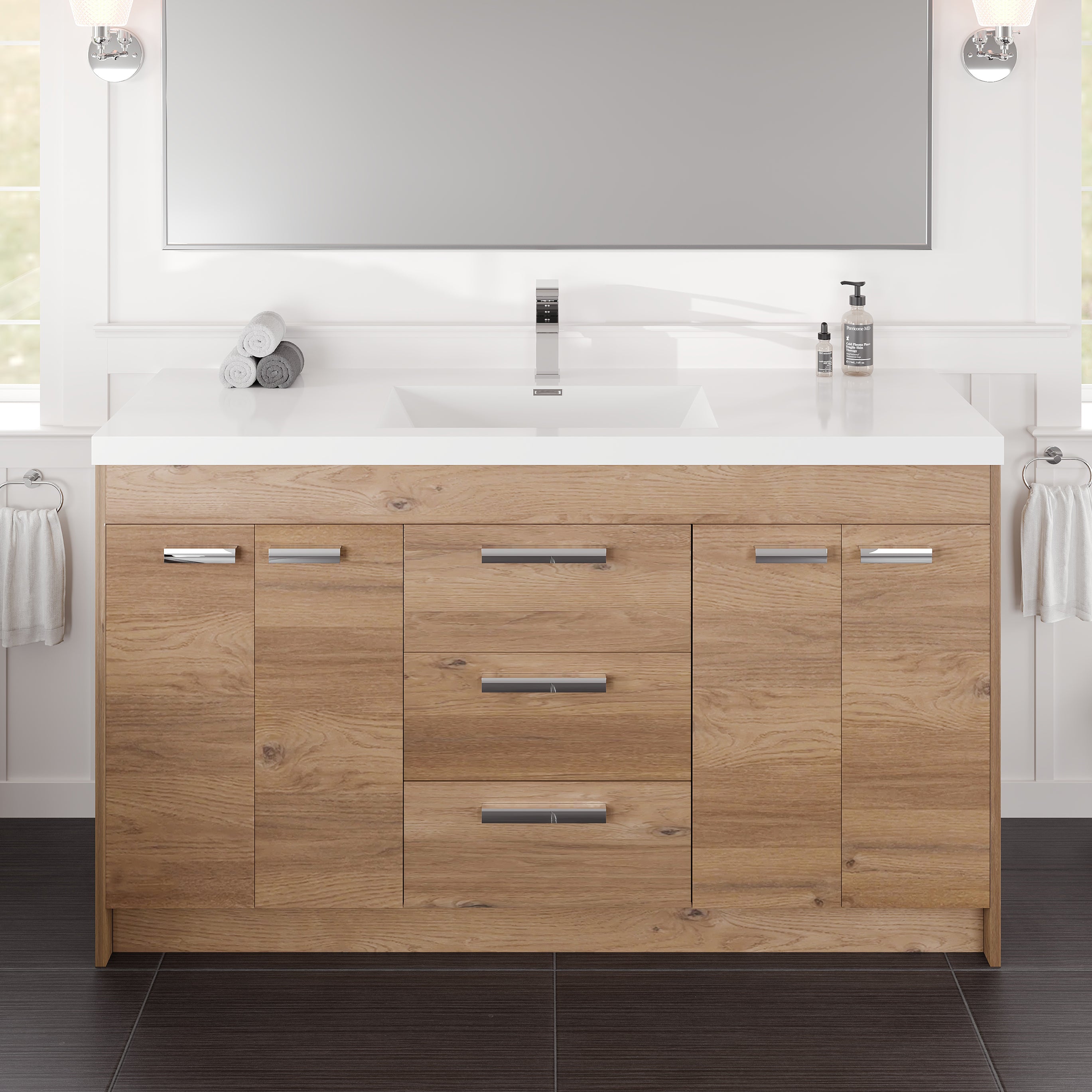 Lugano 60 in. Natural Oak Single Sink Bath Vanity with Acrylic Top and Integrated Sink