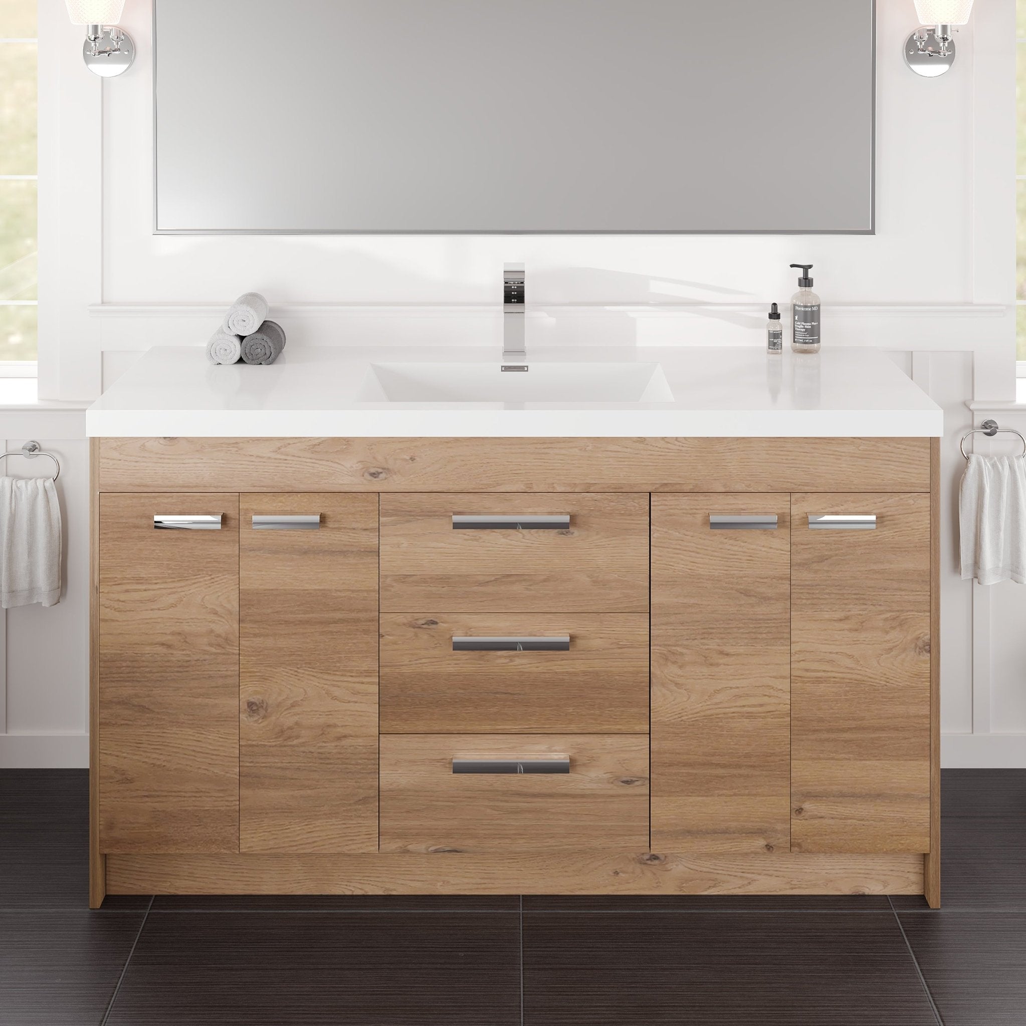 Lugano 60 in. Natural Oak Single Sink Bath Vanity with Acrylic Top and Integrated Sink - Bathroom Vanity by Eviva