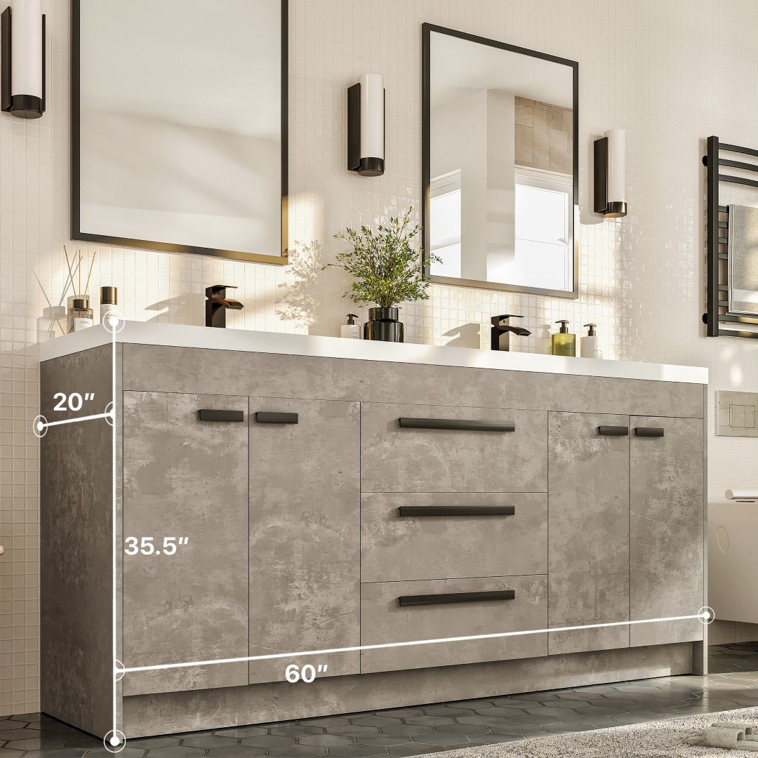 Lugano 60 in. Concrete Gray Double Sink Bath Vanity with Acrylic Top and Integrated Sinks - Bathroom Vanity by Eviva