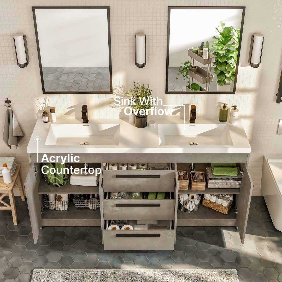 Lugano 60 in. Concrete Gray Double Sink Bath Vanity with Acrylic Top and Integrated Sinks - Bathroom Vanity by Eviva