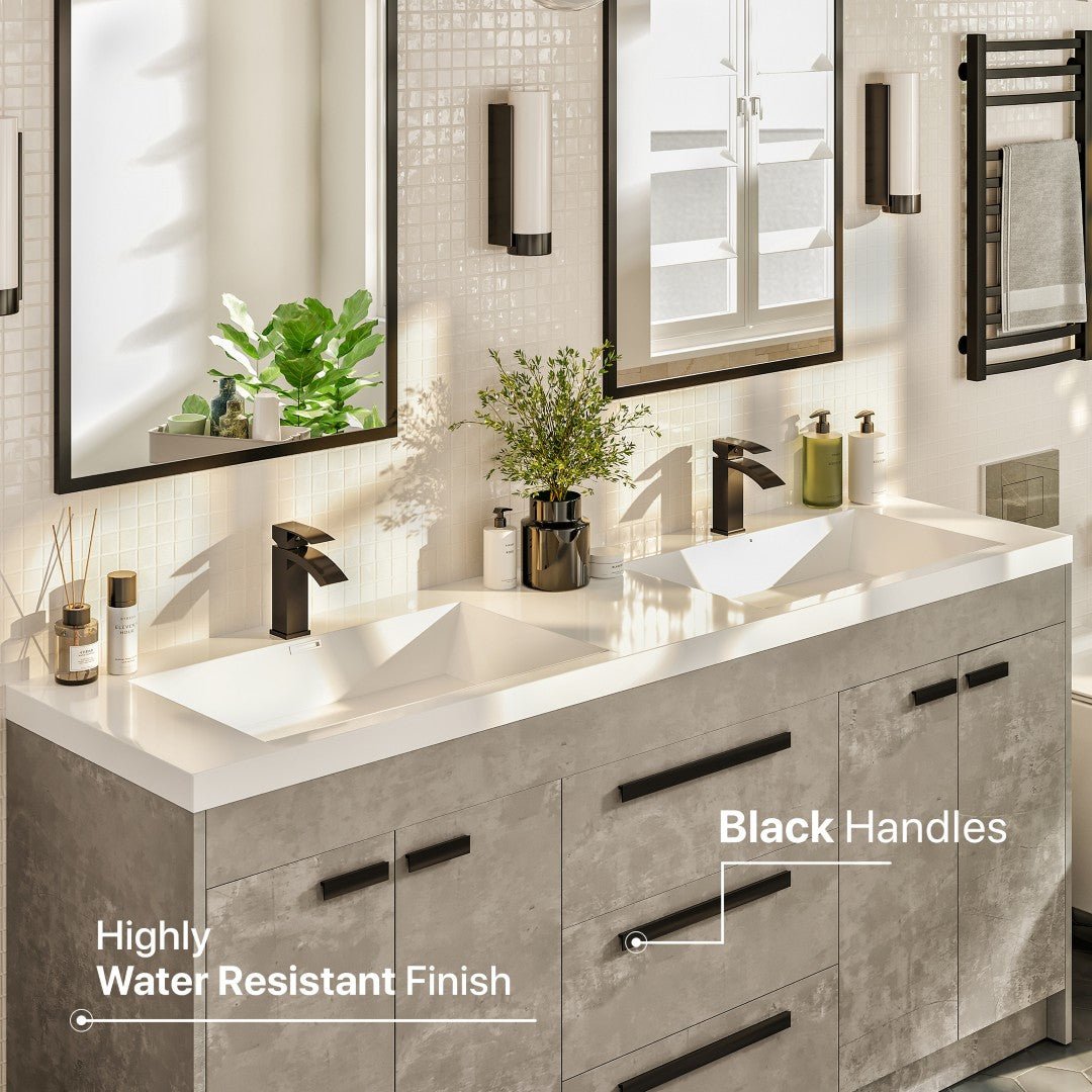 Lugano 60 in. Concrete Gray Double Sink Bath Vanity with Acrylic Top and Integrated Sinks - Bathroom Vanity by Eviva