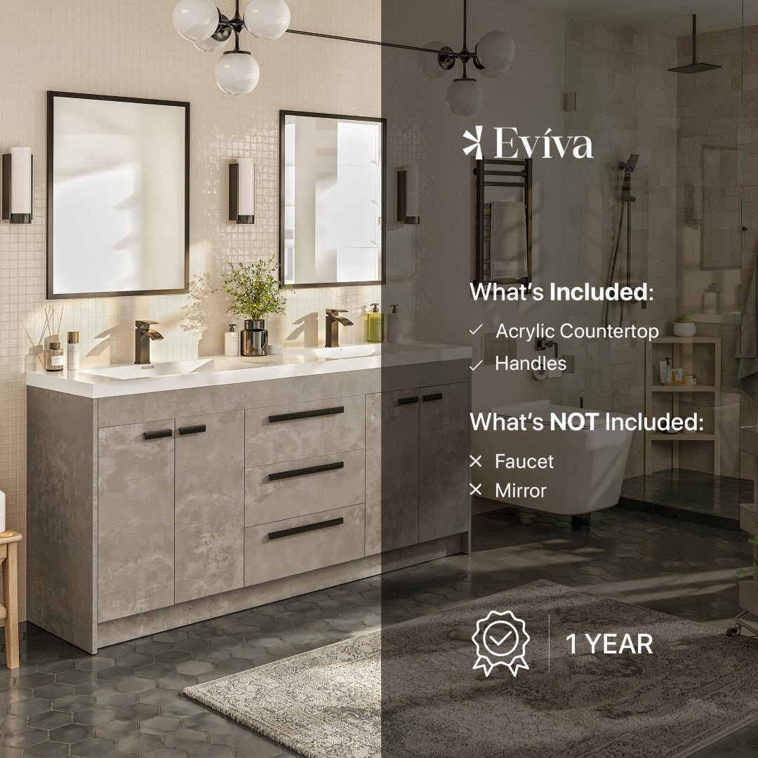 Lugano 60 in. Concrete Gray Double Sink Bath Vanity with Acrylic Top and Integrated Sinks - Bathroom Vanity by Eviva