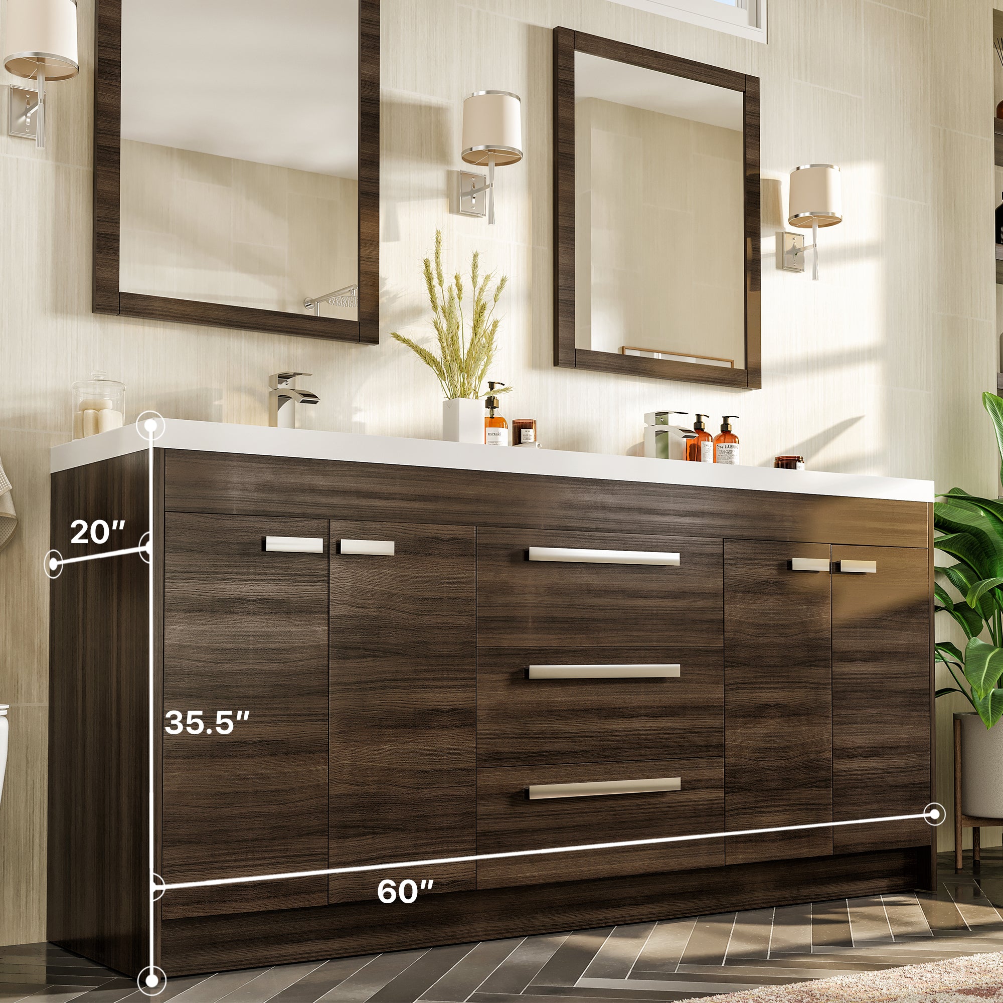 Lugano 60 in. Gray Oak Double Sink Bath Vanity with Acrylic Top and Integrated Sinks
