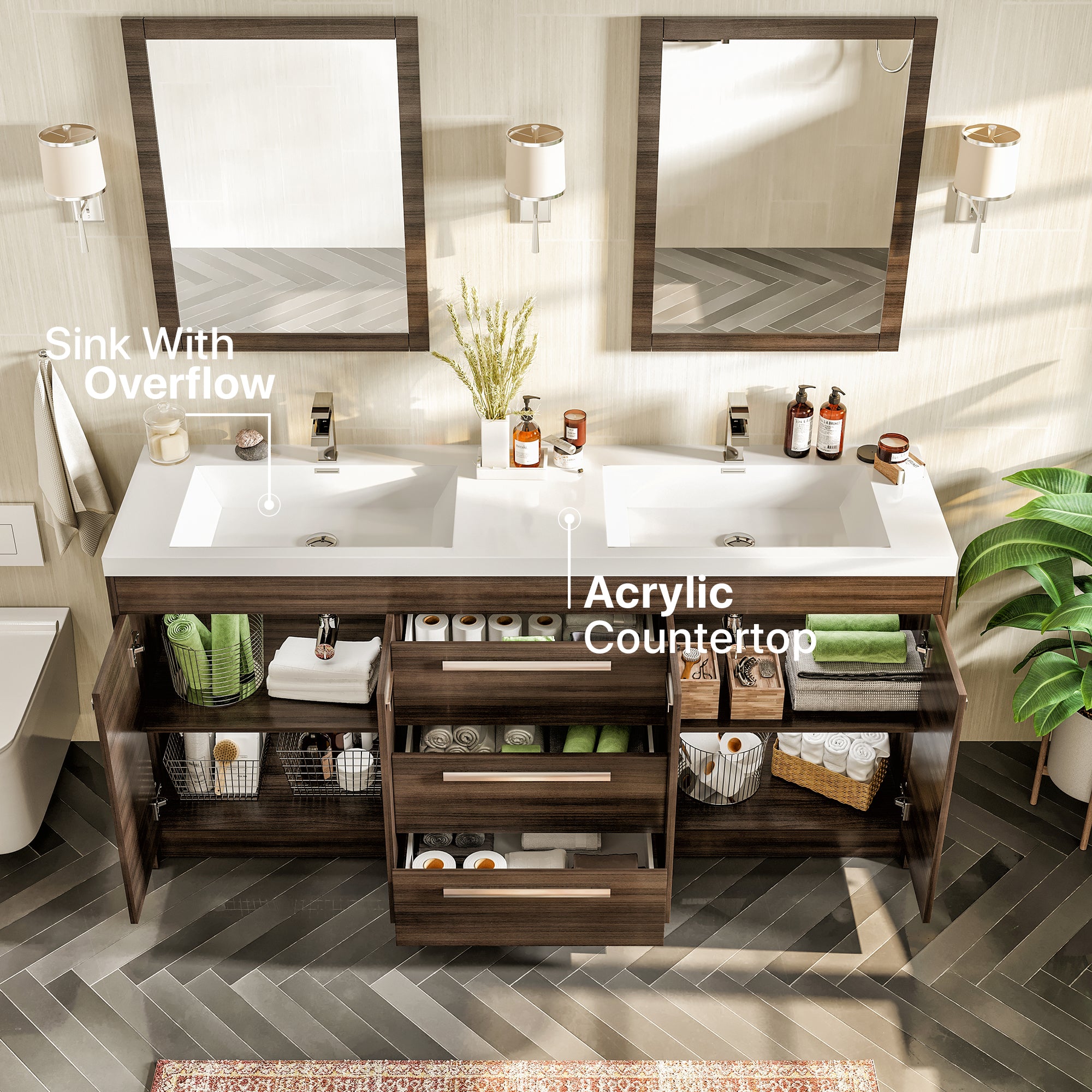 Lugano 60 in. Gray Oak Double Sink Bath Vanity with Acrylic Top and Integrated Sinks