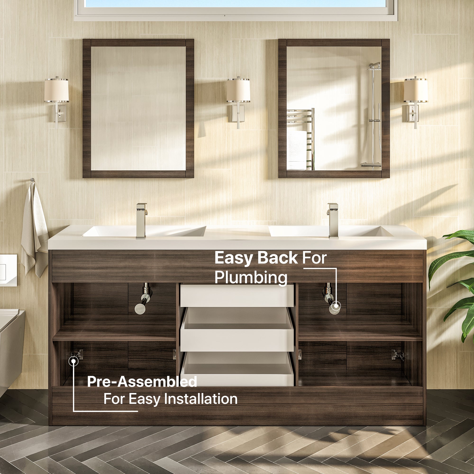 Lugano 60 in. Gray Oak Double Sink Bath Vanity with Acrylic Top and Integrated Sinks