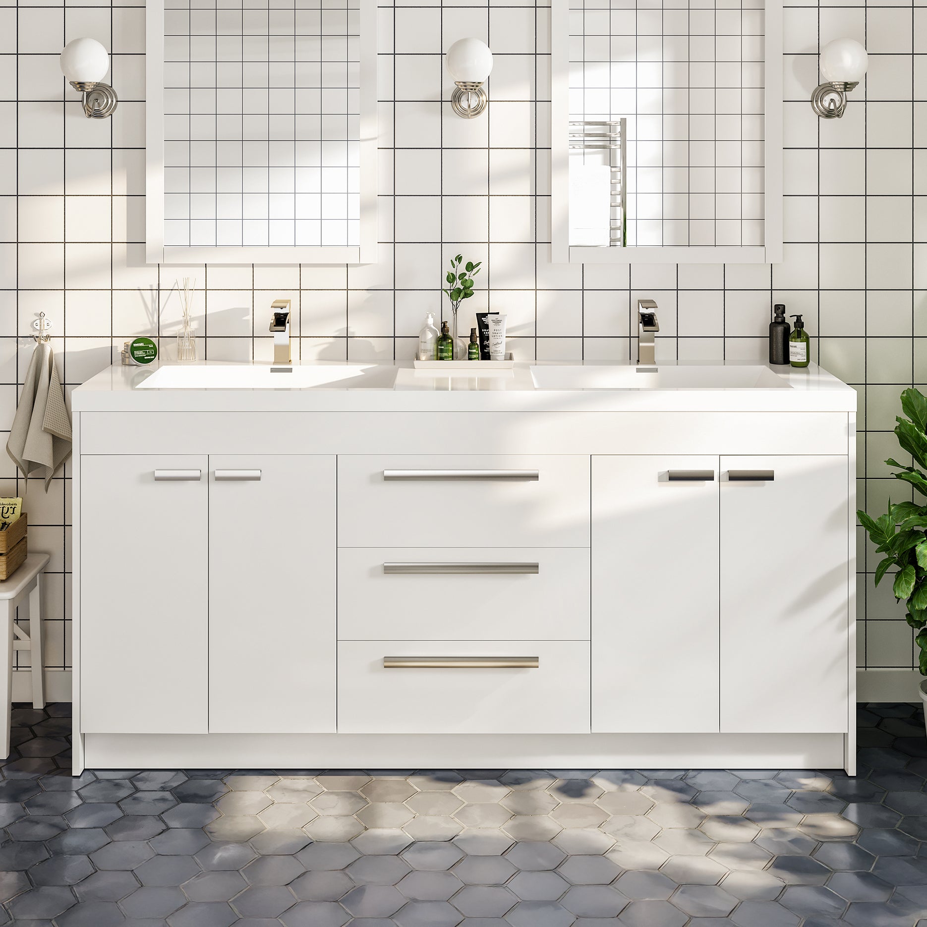 Lugano 60 in. White Double Sink Bath Vanity with Acrylic Top and Integrated Sinks