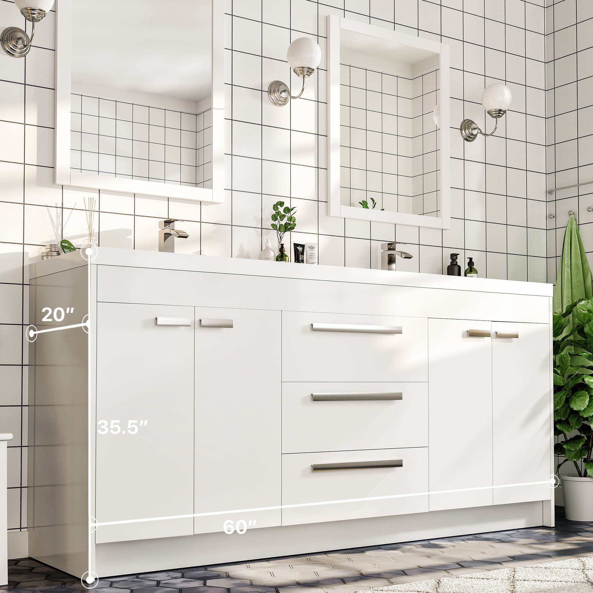 Lugano 60 in. White Double Sink Bath Vanity with Acrylic Top and Integrated Sinks
