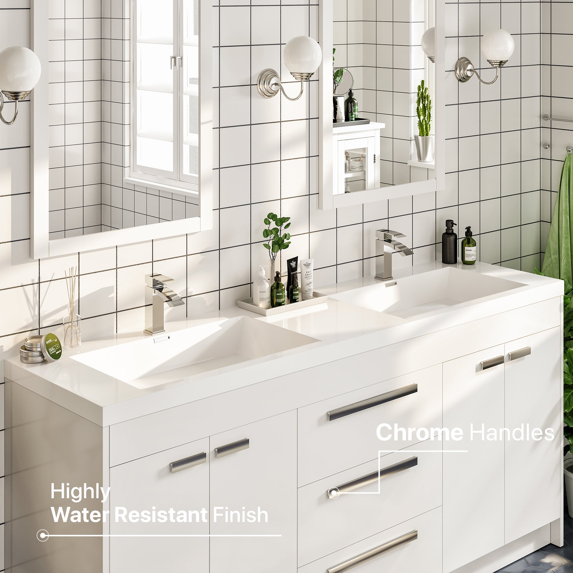 Lugano 60 in. White Double Sink Bath Vanity with Acrylic Top and Integrated Sinks